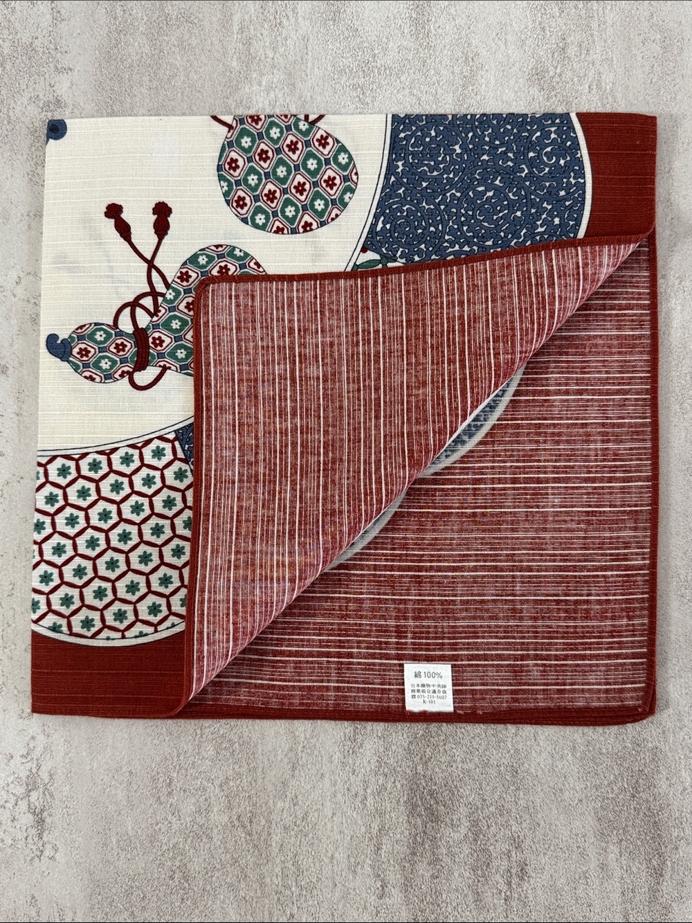 Men's Pocket Square - Red with Blue & Cream Floral Medallion - Picture 3 of 3